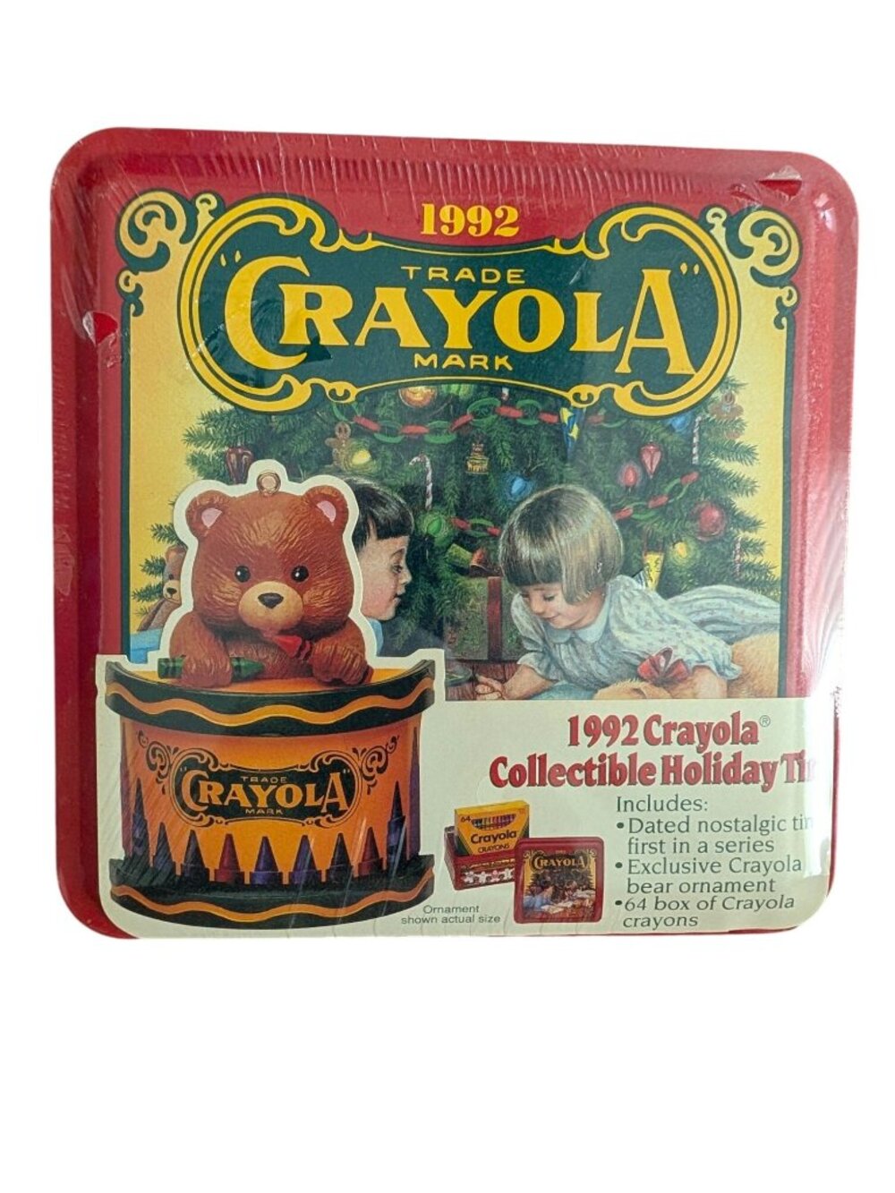1992 Crayola Collectible Holiday Tin Set With Bear Ornament & 64 Crayons Nostalg